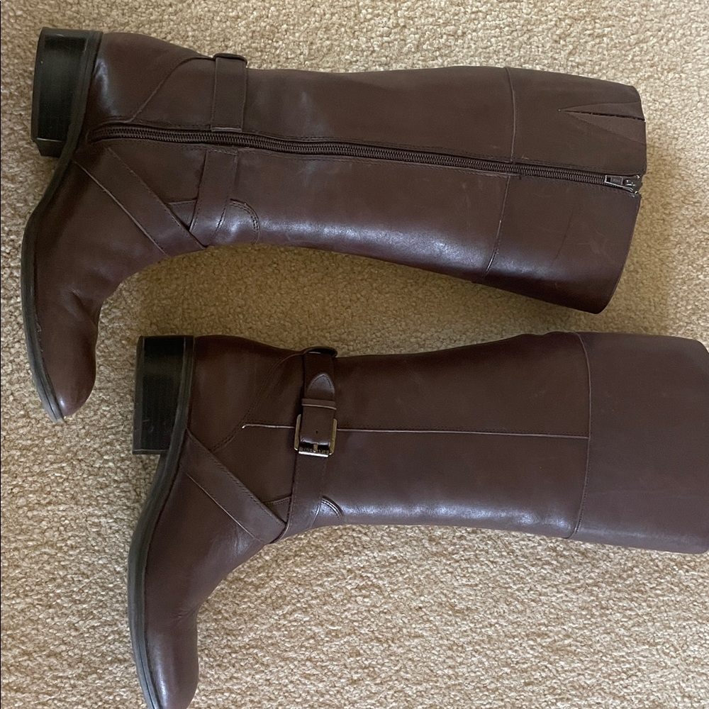 Lauren Ralph Lauren Dark Brown Leather Knee Boots with Buckle Detail